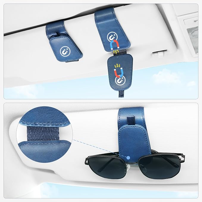 SINGARO 1 Pack Sunglass Holder for Car Visor Sunglasses Holder Clip, Universal Non-Slip Magnetic Leather Glasses Eyeglasses Hanger Mounter, Truck Interior Car Visor Accessories for Woman Man, Blue - Image 4