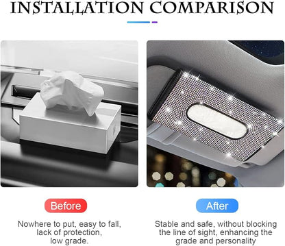 Bling Car Sun Visor Tissue Box Holder, Rhinestone PU Leather Crystal Sparkling Napkin Holder, Backseat Paper Towel Cover Case Car Accessories for Women (Multicolor) - Image 4