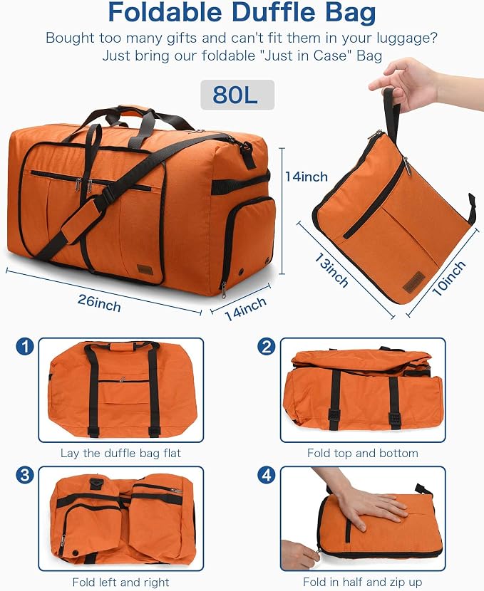 80L EXTRA LARGE Duffle Bag for Travel, 26" Foldable Travel Duffel Bag with Shoe Compartment for Men Women, Waterproof & Tear Resistant (Orange, EXTRA LARGE, 80L) - Image 2