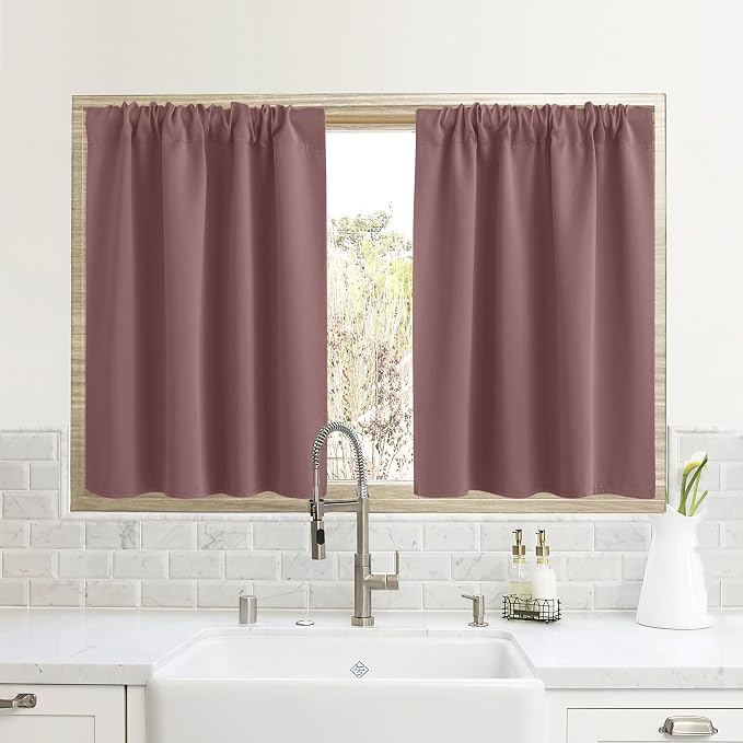 RYB HOME Cafe Blackout Curtains 24 inch Length for RV Camper Kitchen Window | Temperature Regulating, Light UV Blocking, Privacy Protection, Short Small Half Window Tiers, W42 x L24, Dusty Rose, 2 Panels by RYBHOME