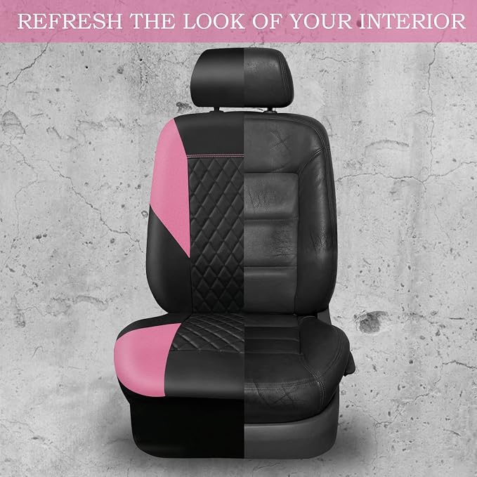 CAR PASS Pink Leather Seat Covers,Girly Quilting Pretty Cute Car Seat Cover with 5mm Composite Sponge Inside,Airbag Compatible, Universal Fit for Most Sedan,SUV,Vans(Full Set,Pink) - Image 5