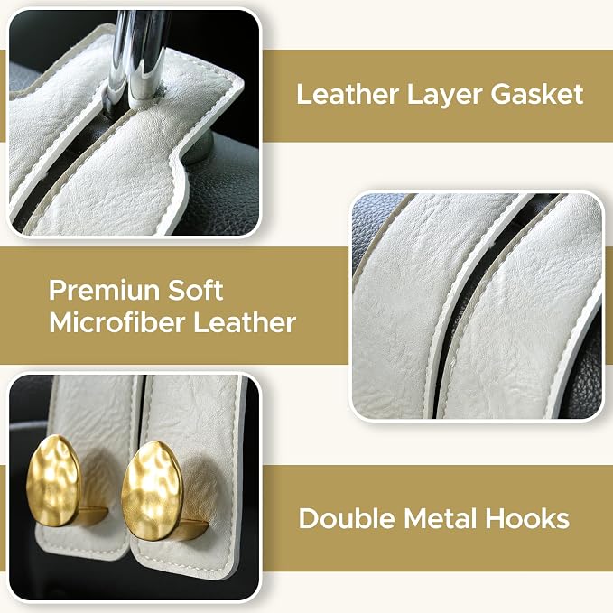 Leather Car Purse Hook for Headrest, 4 Pack (White-Gold) | Twin Hooks Headrest Hangers, 2/4 Pack, No-Slip, Scratch-Proof, Holds Purses, Backpacks, Grocery Bags, Car Organizer Gift - Image 6