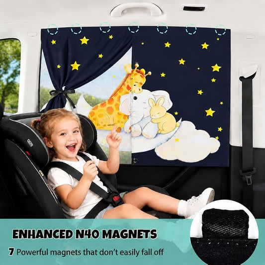 Car Window Shade for Baby, 2 Pack Magnetic Double Layer Car Sun Shade for Blackout/See Through Options, Woodland Starry Night Animals Design Baby Car Shade for Kids Heat/UV Protection - Image 2