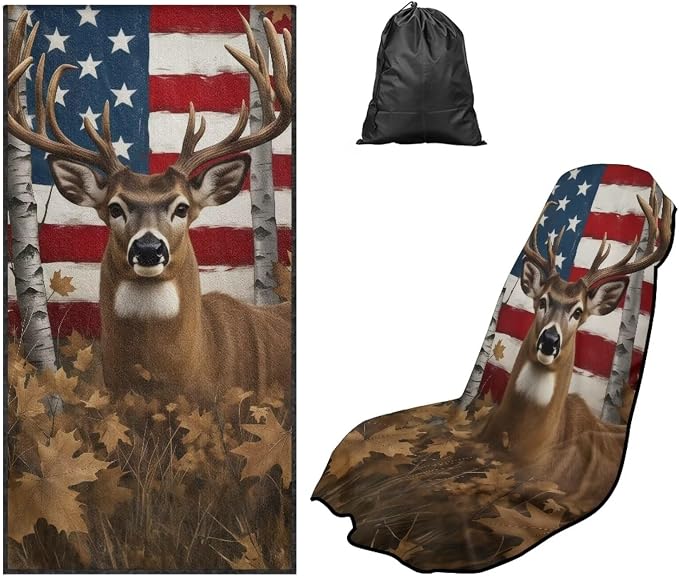 American Flag Deer Car Seat Towel for Front Seat Only Camo Deer Car Interior Seat Protector American Flag Auto Interior Accessories with Storage Bag 250Th Anniversary Beach Towel Yoga Towels by YMPUDXFI