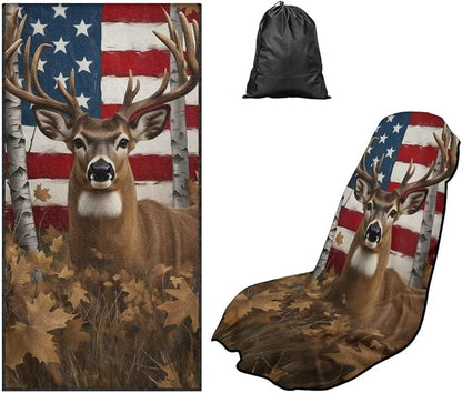 American Flag Deer Car Seat Towel for Front Seat Only Camo Deer Car Interior Seat Protector American Flag Auto Interior Accessories with Storage Bag 250Th Anniversary Beach Towel Yoga Towels by YMPUDXFI