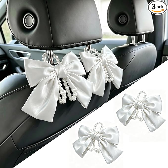 2 Pack Pearl Car Seat Headrest Hook with Bow & Sequin/Leopard/Polka Dot Design – Cute Purse Hanger for Vehicle,Grocery Bags, Umbrellas, Seat Back Organizer for Women (White) by Unknown
