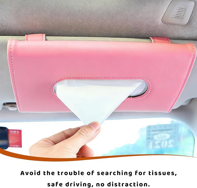 Car Visor Tissue Holder, Premium Leather Sun Visor Napkin Organizer with Tissue Refill, Universal Backseat Napkin Case Sunvisor Mask Holder for Cars SUVs Trucks RVs (Pink) - Image 6