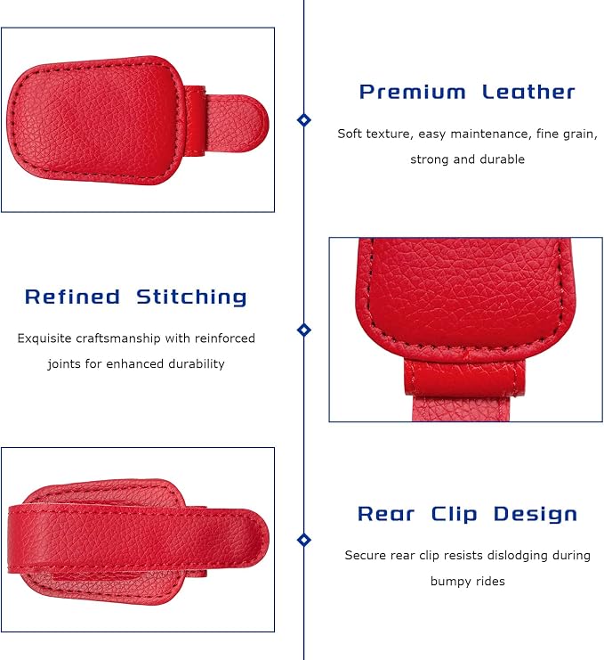 2 PCS Sunglass Holder for Car, Magnetic Leather Glasses Holder Auto Ticket Card Clip, Sun Visor Eyeglass Hanger Interior Accessories for Sedan Truck SUV, Car Accessories (Red) - Image 3