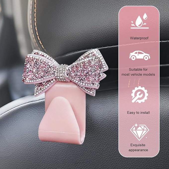2 PCS Bling Bow Purse Hook for Car, Cute Seat Headrest Hooks, Automotive Interior Decoration Accessories, Universal for Most Cars, Trucks, SUVs (Pink) - Image 3