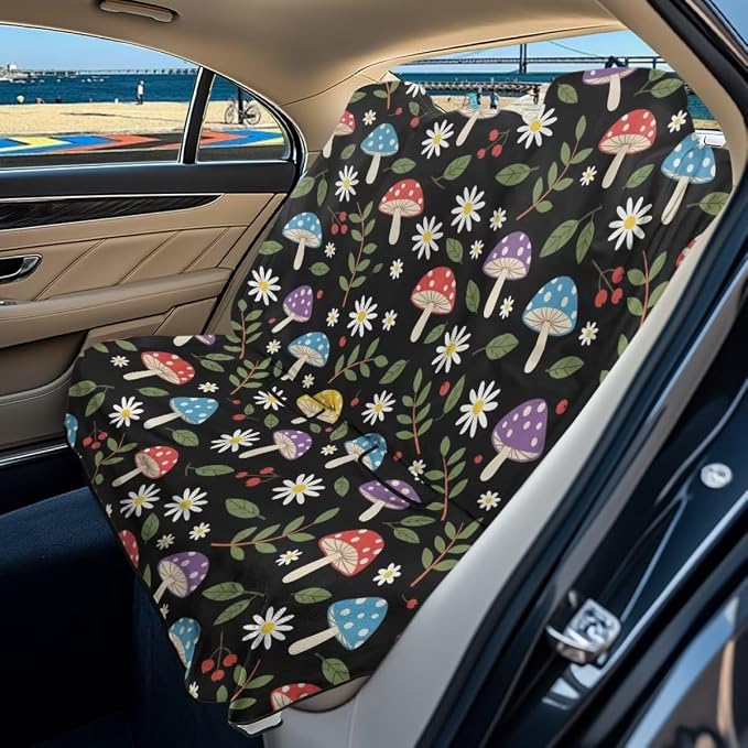 Flower Mushroom Print Rear Bench Towel Seat Covers, Heavy-Duty Back Seat Cover for Dogs, Waterproof Car Seat Cover, Non-Slip Back Seat Protector Fits Cars, SUVs, Trucks by LACIYISON