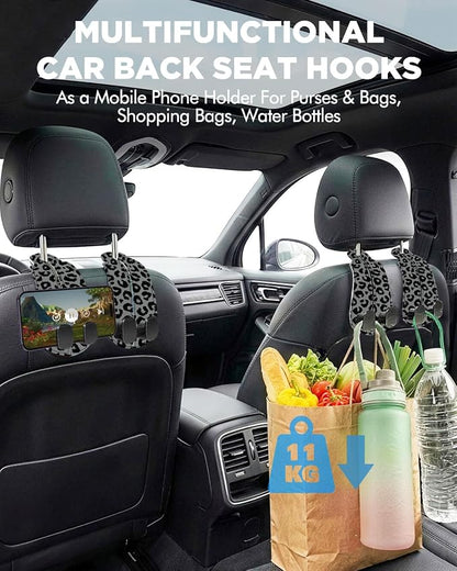 WOCOCN Purse Holder for Car, 2 Pack Heavy Duty Purse Hanger for Car,Leopard | PU Leather Car Seat Hooks for Purses and Bags, Cute Floral Headrest Organizer for Handbags & Backpacks - Image 2