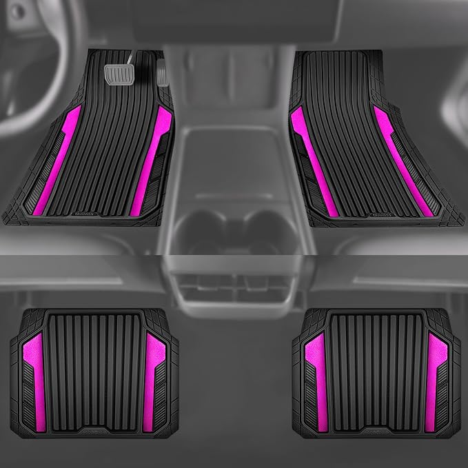 CAR PASS Heavy Duty Rubber Car Mats Metallic, Aluminum Film All Weather Floor Mats Waterproof Universal Trim to Fit for SUV Sedan Van 4 Piece Anodized Deep Dish Two-Tone Sporty Black Hot Pink Chrome - Image 5