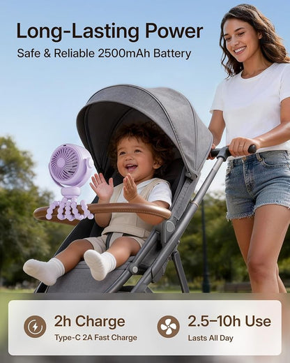 SWEETFULL Portable Stroller Fan, Pinch-Proof Baby Fan - Purple | Wide Turbine Airflow; Safe Design; LED Display; 5-Speed; 30dB Quiet; USB-C Rechargeable; Mini Clip On Fan for Car Seat & Bed - Image 4