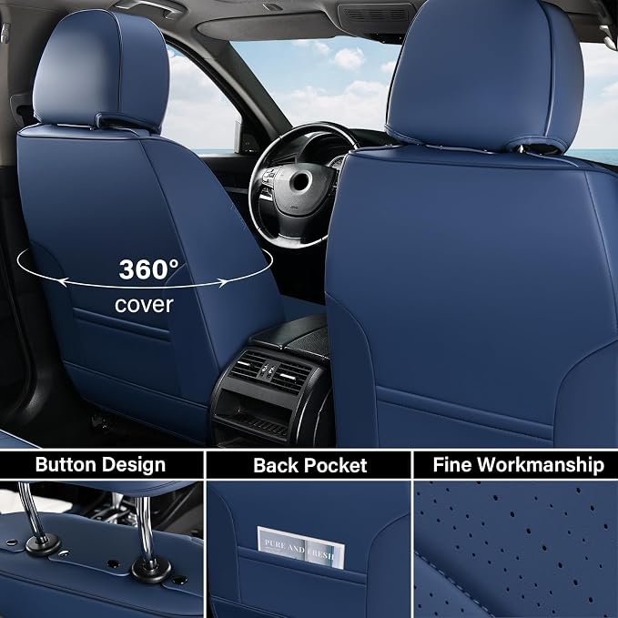 Coverado Front Seat Covers, Car Seat Covers Front Seats, Nappa Leather Seat Covers for Cars, Waterproof Seat Covers with Lumbar Support Universal Fit for Most Cars SUV Trucks (Front, Blue) - Image 2