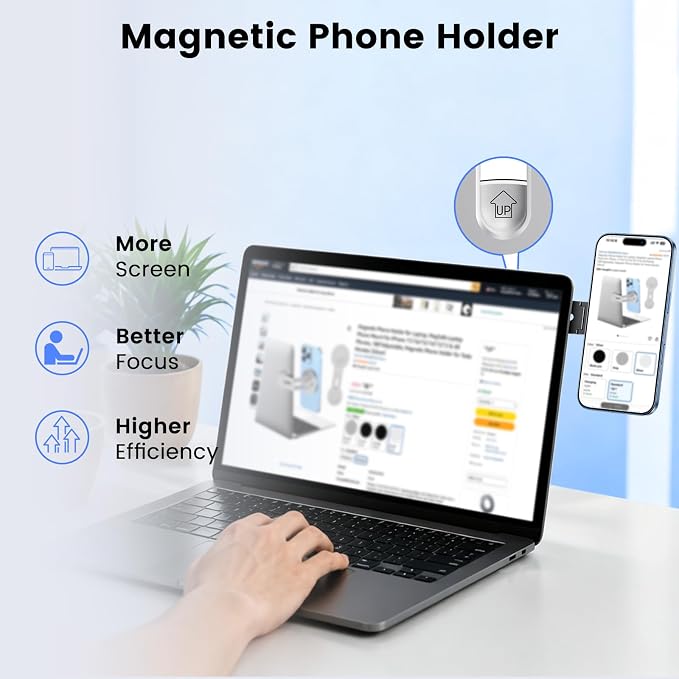 Magnetic Phone Holder for Laptop, MagSafe Laptop Phone Mount for iPhone 17/16/15/14/13/12 & All Phones, 180°Adjustable, Magnetic Phone Holder for Tesla Monitor (Silver) - Image 2