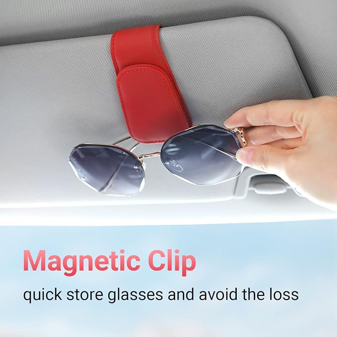 Sunglass Holder for Car Sun Visor Sunglasses Clip Car accessories -Red | sun visor organizer, ticket card clip, eyeglass sunglasses holder, one-handed magnetic, anti-scratch, car stuff for women men - Image 2