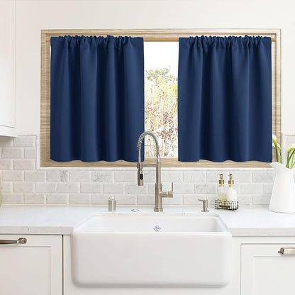 RYB HOME Cafe Blackout Curtains 24 inch Length for RV Camper Kitchen Window | Temperature Regulating, Light UV Blocking, Privacy Protection, Short Small Half Window Tiers, W42 x L24, Navy Blue, 2 Panels by RYBHOME