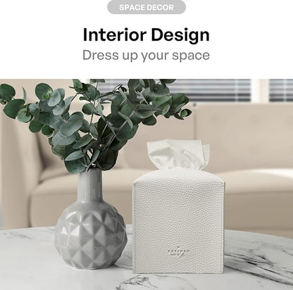 Carrotez Tissue Box Cover, Refined Modern PU Leather Square Holder - Decorative Holder/Organizer for Bathroom Vanity Countertop, Night Stands, Office Desk & Car 5"X5"X5" White (Pack of 3) - Image 4