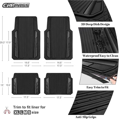 CAR PASS Heavy Duty Rubber Car Mats Metallic,Aluminum Film All Weather Floor Mats Waterproof Universal Trim to Fit SUVs Sedans Vans 4 Piece Anodized Deep Dish Two-Tone Sporty Carbon Fiber Black Chrome - Image 4