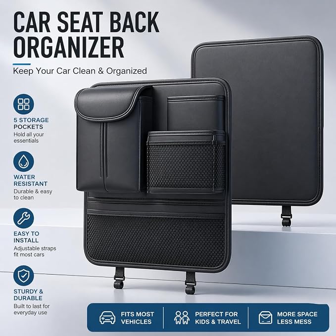 Backseat Car Organizer for Kids, Back Seat Car Organizer with 5 Pockets | Holds tissues, drinks, snacks, toys and books; easy-clean leather for family trips - Image 2