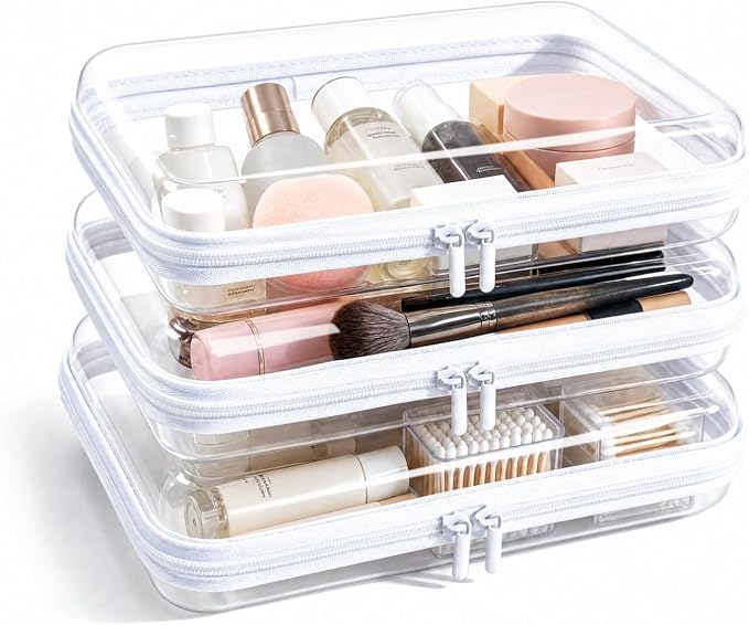 Clear Hard Shell Zipper Case, Crush-Proof Clear Zipper Pouches, TSA Approved Travel Toiletry Bag, Waterproof Makeup Bag & Diaper Bag, Organizer Bins for Toy Storage, Travel Accessories 3L-White by CEOJPA