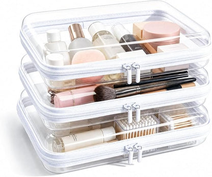 Clear Hard Shell Zipper Case, Crush-Proof Clear Zipper Pouches, TSA Approved Travel Toiletry Bag, Waterproof Makeup Bag & Diaper Bag, Organizer Bins for Toy Storage, Travel Accessories 3L-White by CEOJPA