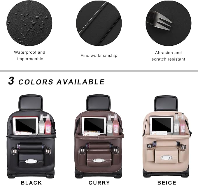 2PCS Car Backseat Organizer, Leather Multi-Pocket Seat Back Protector with Foldable Table Tray, Multifunctional Vehicle Storage Organizer Kick Mat for Kids Toddler Travel (Black) - Image 3
