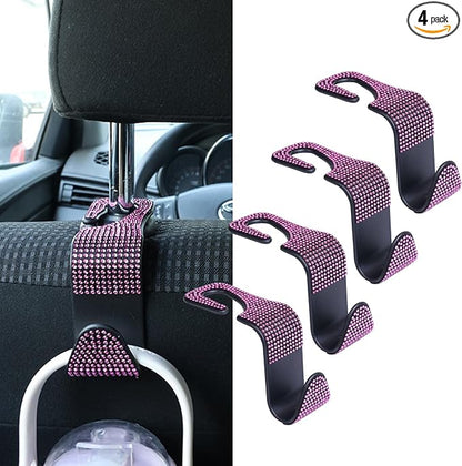 4PCS Bling Car Seat Headrest Hooks, Vehicle Back Seat Purse Handbag Hanging Holder with Crystal Rhinestone, Diamond Storage Organizer Hook,Bling Car Accessories for Women (Pink) by Unknown