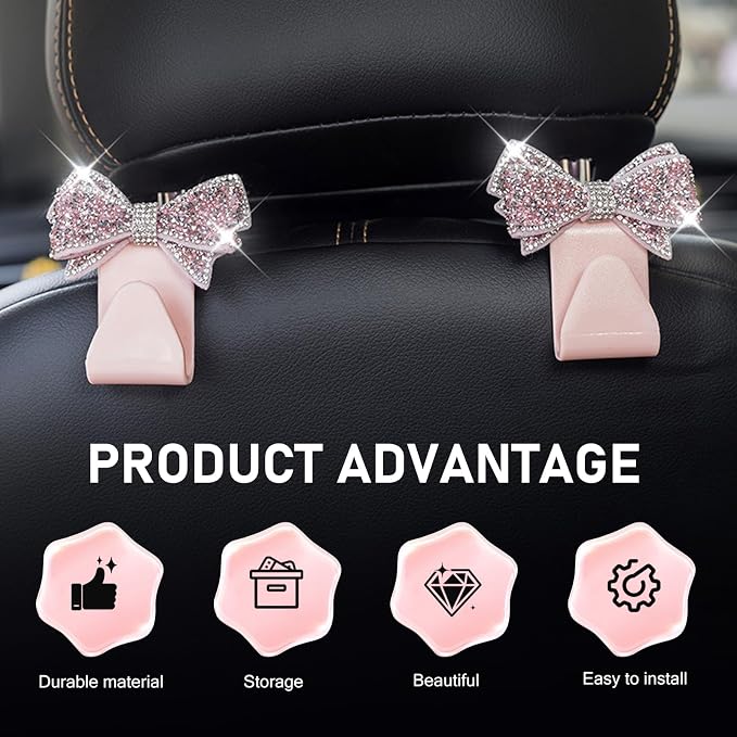 2 PCS Bling Car Seat Headrest Hooks, S Type Crystal Rhinestone Bow Vehicle Seat Back Storage Hooks for Purses Bags Groceries, Universal Diamond Car Rear Seat Organizer (Pink) - Image 3