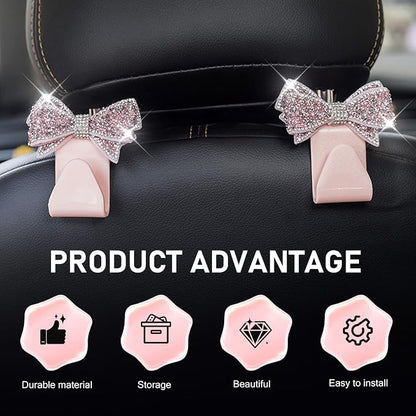 2 PCS Bling Car Seat Headrest Hooks, S Type Crystal Rhinestone Bow Vehicle Seat Back Storage Hooks for Purses Bags Groceries, Universal Diamond Car Rear Seat Organizer (Pink) - Image 3