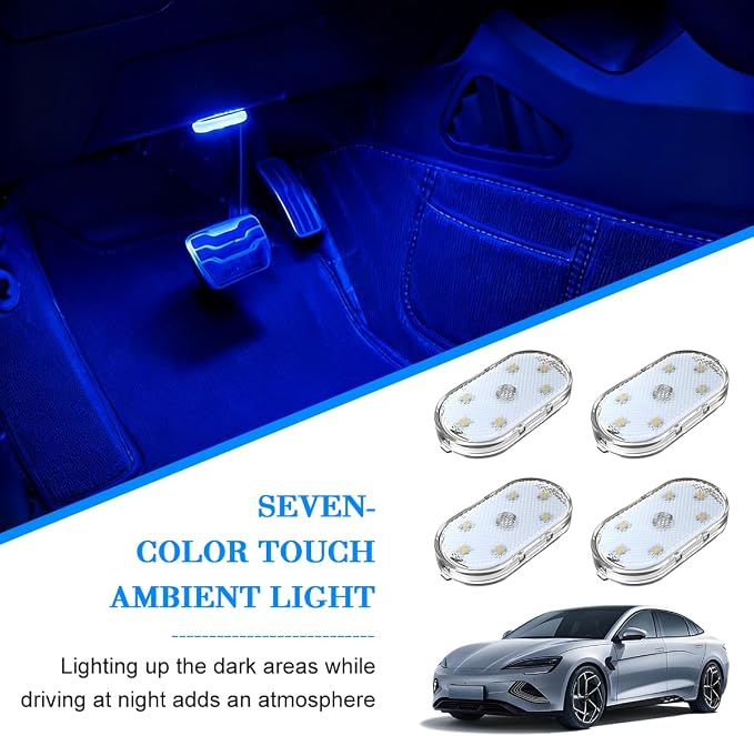 4PCS Car Interior Wireless Led Lights, 6 Bright LED Lamp Beads Magnetic Vehicle Ambient Light, Portable Touch USB Rechargeable Automotive Night Lighting Accessories, Universal Fit (Blue) - Image 6
