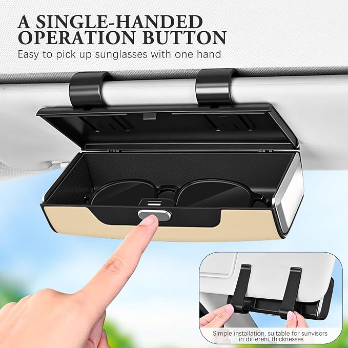 Sunglass Holder For Car Visor,Button-Open Sunglass Case For Car Visor,Car Sunglass Holder With Card Storage Function Suitable For Truck And Sedan To Place Sunglass (Beige) - Image 2