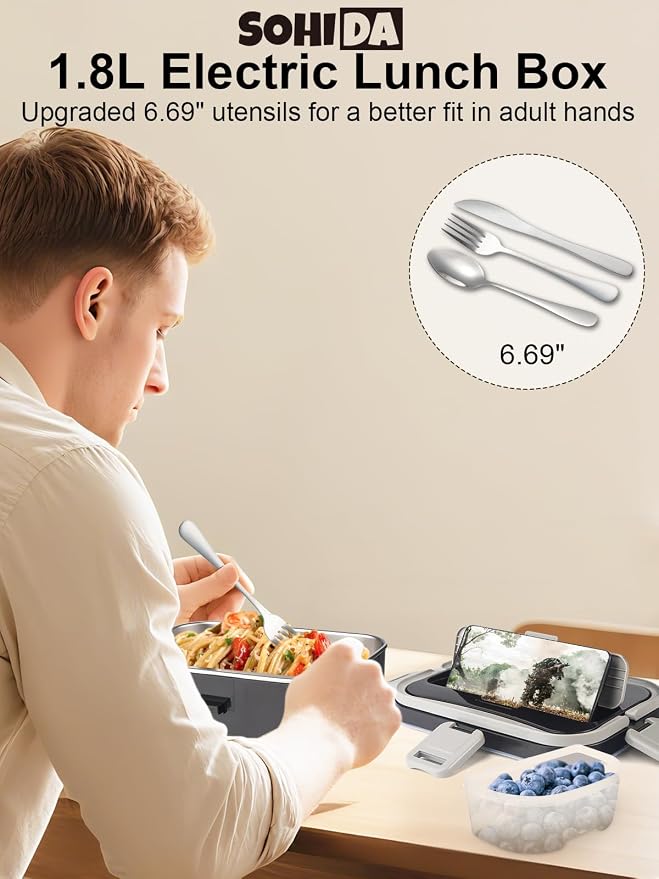 SOHIDA 1.8L+0.5L Heated Lunch Box for Men, 80W Electric Lunch Box with Long-handled Utensils for Adults, 12V/24V/110V Lonchera Eléctrica Portátil, Portable Food Warmer for Car/Truck/Office (B/G) - Image 2