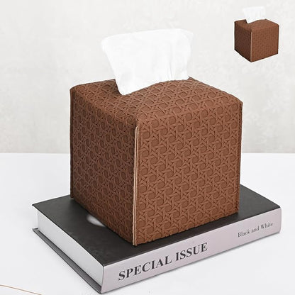 HOMOTEK 2 Pack Tissue Box Cover, Square PU Leather Tissue Holder, Decorative Facial Tissue Cube Paper Organizer Dispenser for Bathroom, Night Stands, Desk, Car 5X5X5'' - Rattan Weave,Chocolate by HOMOTEK