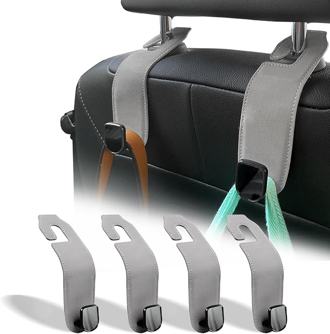 Car Seat Headrest Hook, 4 Pack Leather Car Purses and Bags Hooks Holder Hanger for Groceries Organization Accessories, Gray by Teoenix