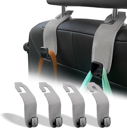 Car Seat Headrest Hook, 4 Pack Leather Car Purses and Bags Hooks Holder Hanger for Groceries Organization Accessories, Gray by Teoenix