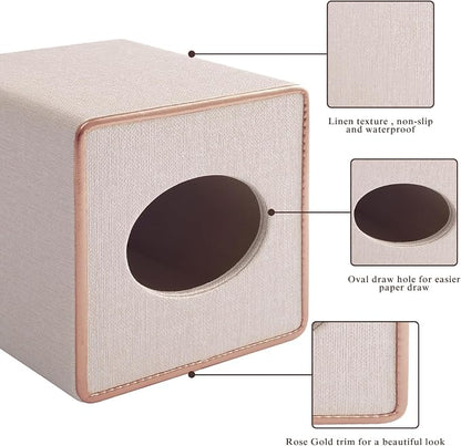 Linen Square Tissue Box Cover,Cube Tissue Box Holder－Excellent Rosegold Leather Decoration,Table Napkin Case Dispenser,Facial Tissues Organizer with Magnetic Bottom for Home Office Car(Beige) - Image 6
