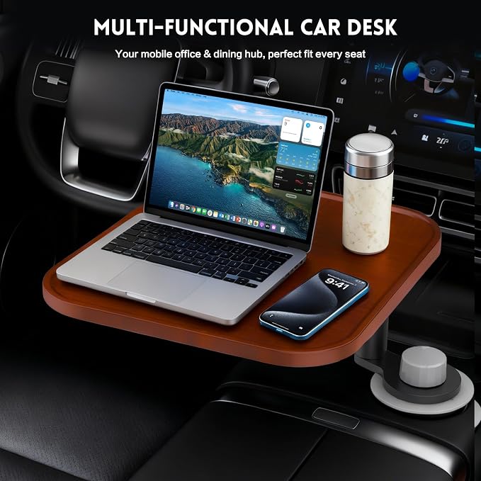 360° Rotation Car Desk for Laptop, Height-Adjustable Cup Holder Table, Wooden Car Food Tray & Laptop Mount Compatible with Tesla Model Y/3/S, Ford F150/Explorer/Maverick & Most Vehicles (Warm Walnut) - Image 8