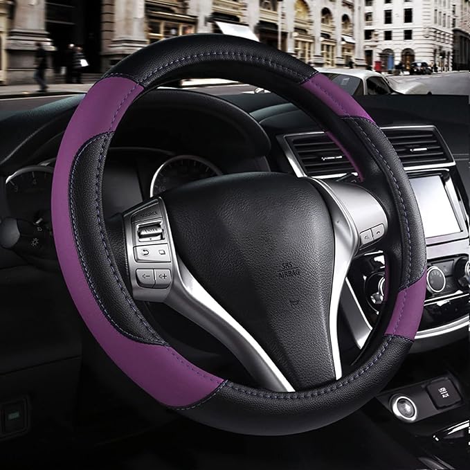 Leather Car Steering Wheel Cover, Universal Fit for Most Cars, Purple | Microfiber Leather,Non-Slip Breathable Auto Steering Wheel Protector by Szttswamp