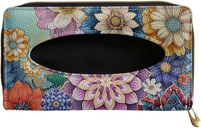 Biyejit 2 Pack Car Tissue Holder, Boho Flowers Hanging Napkin Case, PU Leather Tissue Box for Sun Visor, Backseat Decor by Biyejit