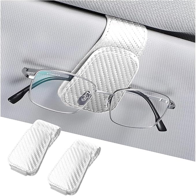 AICEL 2PCS Sunglasses Holders for Car Sun Visor, Carbon Fiber, White | Leather Eyeglasses Hanger Mounter, Magnetic Glasses Holder and Ticket Card Clip, Car Accessories, Universal Fit by AICEL
