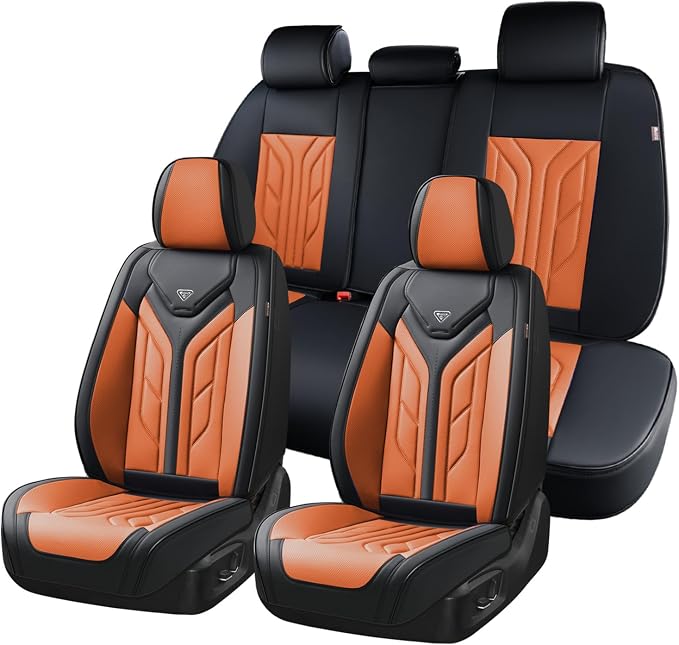 Coverado Car Seat Covers Full Set, Automotive Seat Covers Car Seat Protector Car Seat Cushion, Waterproof Leather Seat Covers for Cars, Universal Fit for Most Sedans SUV Pick-up Truck(Black&Orange) by COVERADOAUTO