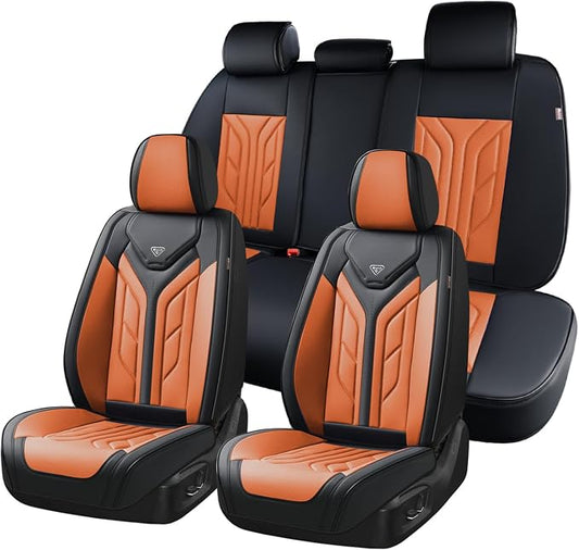 Coverado Car Seat Covers Full Set, Automotive Seat Covers Car Seat Protector Car Seat Cushion, Waterproof Leather Seat Covers for Cars, Universal Fit for Most Sedans SUV Pick-up Truck(Black&Orange) by COVERADOAUTO