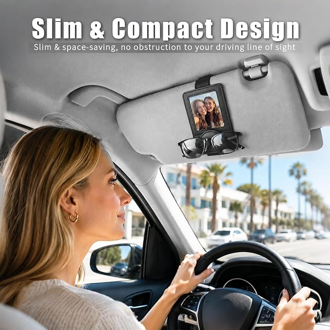 Car Visor Sunglasses Holder with Photo Frame, Magnetic Leather Clip - Image 2