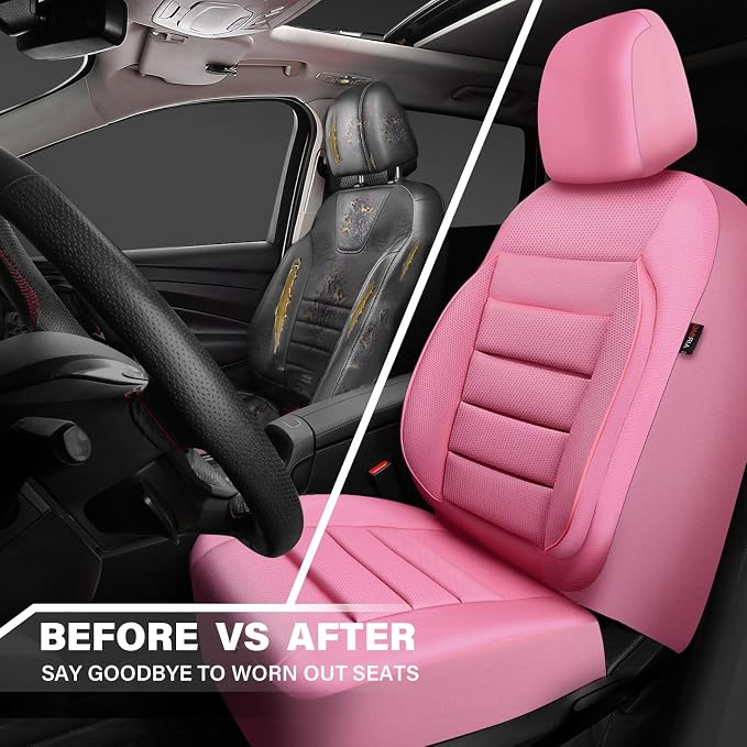 CAR PASS Pink Leather Seat Covers Full Set Universal Water Resistant 3D Foam Back Support, Luxury Comfort Automotive 5 Seat Covers for Women All Season Fit SUV,Sedan,Van, Airbag Compatible Pink - Image 6