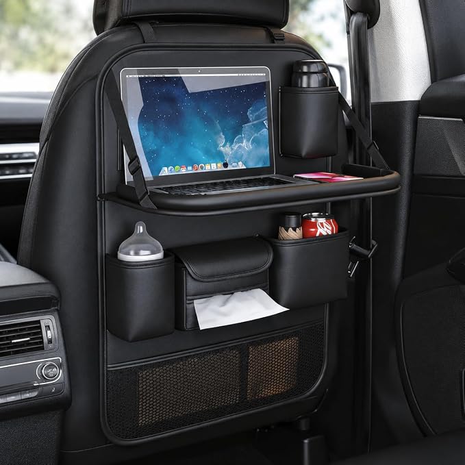 Car Seat Back Organizer with Foldable Tray, Car Seat Back Protector, Premium Leather Kick Mats, Multiple Storage Pockets, Travel Accessories for SUV Truck (Long) by KEJJRIUTN