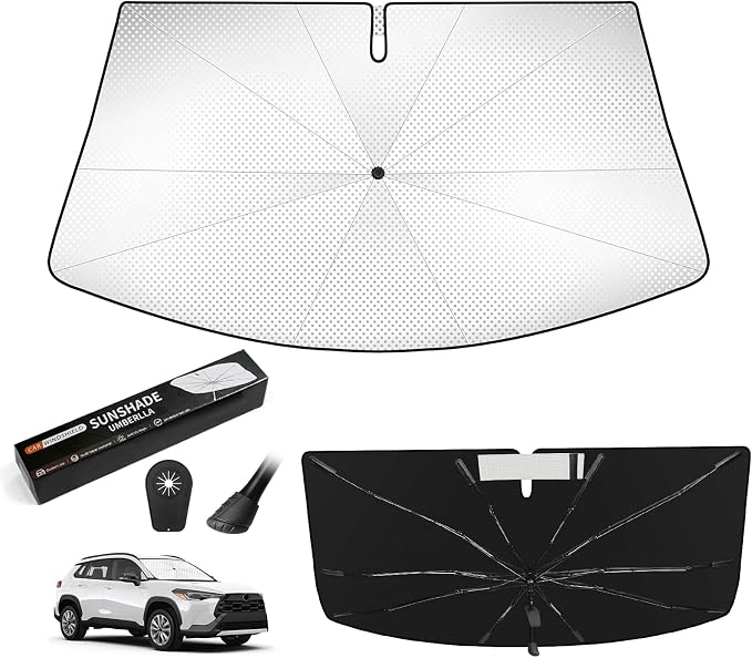 Windshield Sun Shade Umbrella for 2022-2026 Toyota Corolla Cross | 360° Bendable Handle, 10-Rib Frame, Ice Crystal Coating, Sunshade for UV & Heat Block, Corolla Cross Accessories by VEENJOY