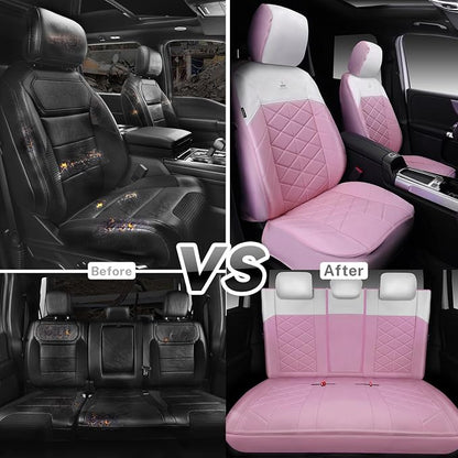 CAR PASS Memory Foam Leather Seat Covers Full Set, Breathable Luxury Perforated Nappa Leather Seat Covers Universal Fit for Car,SUV,Truck Seat Covers Thick 3D Foam Comfort,Airbag Compatible Pink White - Image 4