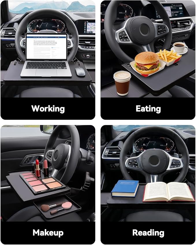 Car Steering Wheel Desk for Laptop, Portable Car Steering Wheel Tray for Eating & Work, Multipurpose Travel Car Table, Steering Wheel Mounted Desk (Parked Use Only) - Image 2