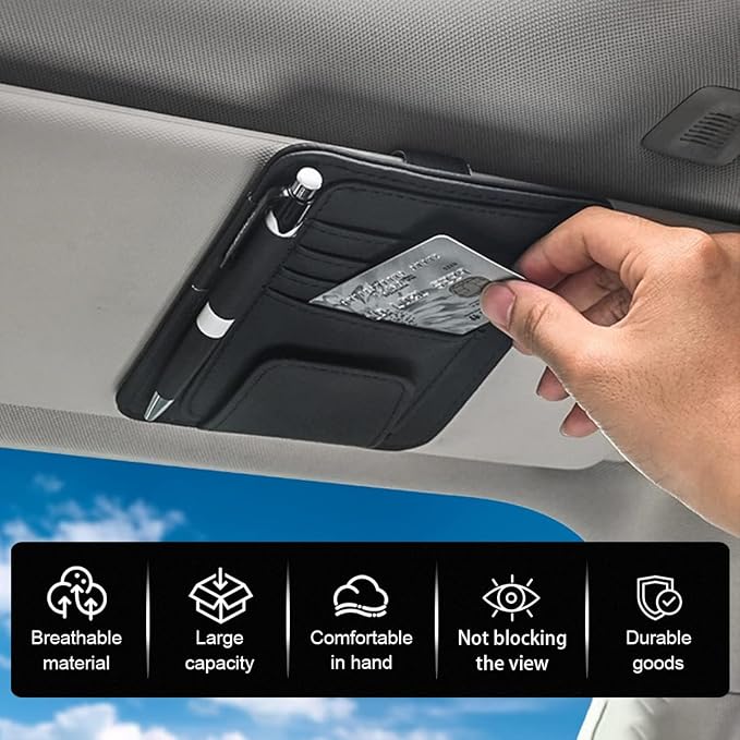 GLSOWEE Leather Car Sun Visor Organizer Clip with Sunglasses Holder, Black | Universal Car Truck Visor Document Holder, Auto Visor Pocket Storage Pouch for Bill Card Registration/Driving License Pen - Image 3